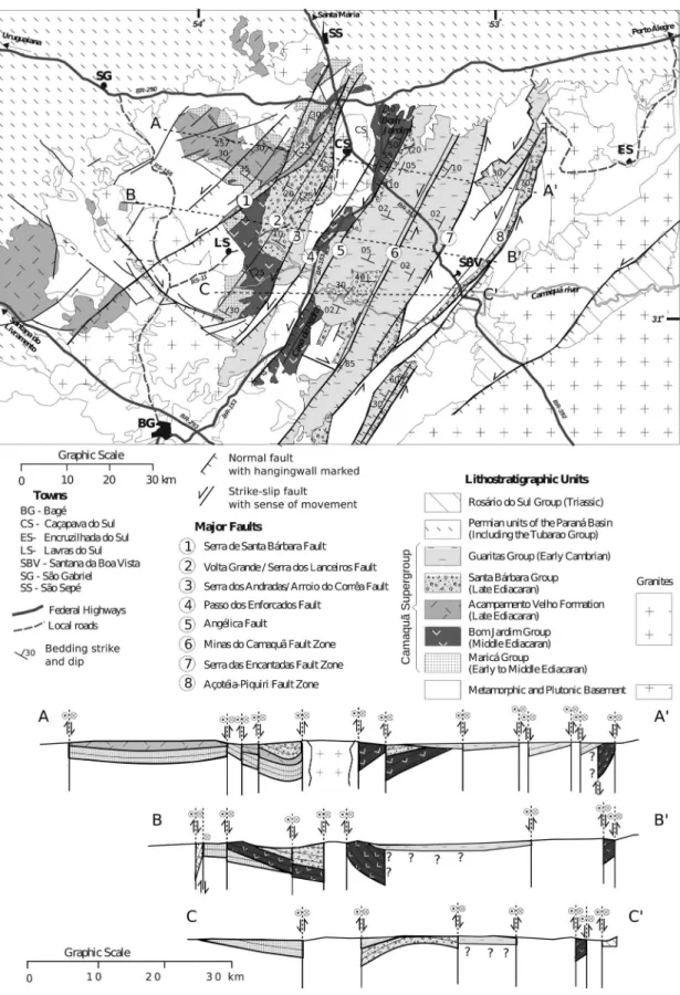 Figure 3: Geological sketch map and sections of the Camaquã Basin and nearby areas. Modified from Fragoso-Cesar et al