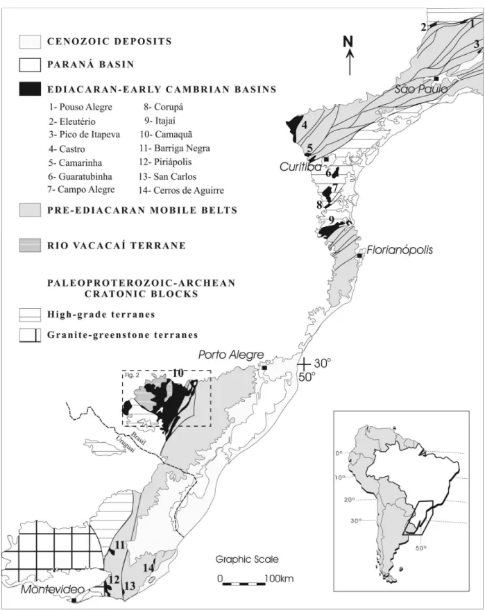 Figure 1: Geological sketch map of southern Brazil and Uruguay showing the location of the Ediacaran-Cambrian basins and the major tectonic  division of their basement.