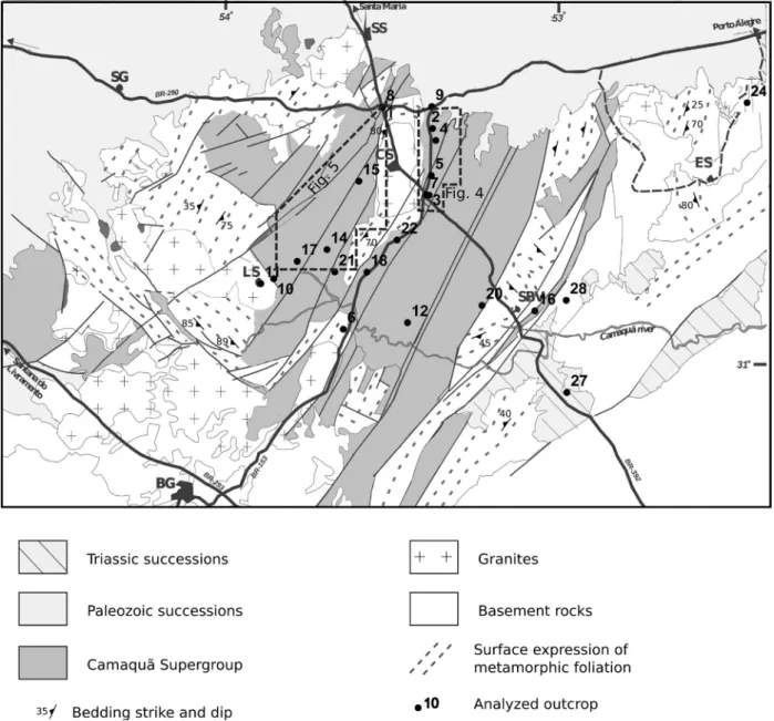 Figure 2: Location of analyzed outcrops of the Camaquã Basin region and map distribution of the main structures of its basement.