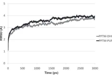 Figure 3 - Root mean square deviation (RMSD) of the putative phosphoribosyltransferase  from Meloidogyne incognita, during the molecular dynamics simulation of the complex of  this enzyme with dihydrouracil (PPTM-DHU) and 9H-purine (PPTM-PUR).