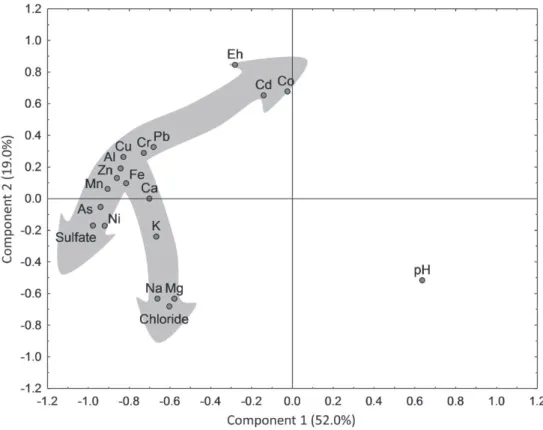Figure 3 - PCA components 1 and 2 for surface and ground water data. Shaded arrows represent main  association trends followed by major and trace elements (see text).