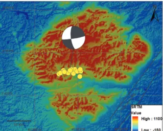Figure 2 - SRTM map of hypocenter location (yellow circles)  showing  focal  mechanism  and  Transbrasiliano  lineament