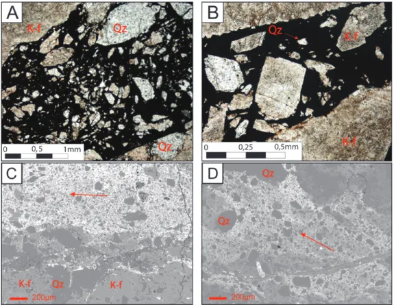 Figure 5 - A and B photos of thin sections showing sharp contact between the rock and the vein (Fe oxide)  and angular clasts of quartz and feldspar of NW faults – N//