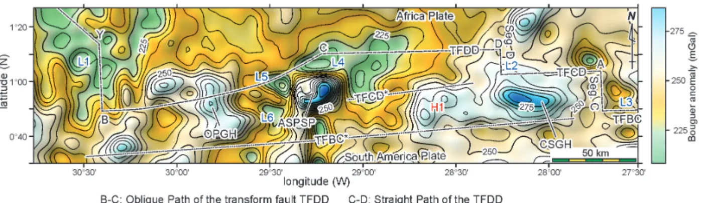 Figure 9 - Bouguer anomaly map based on EGM2008 database in mGal. The name of the transform faults, abyssal fracture zones,  and mid-ocean ridge segments are the same of Figure 1