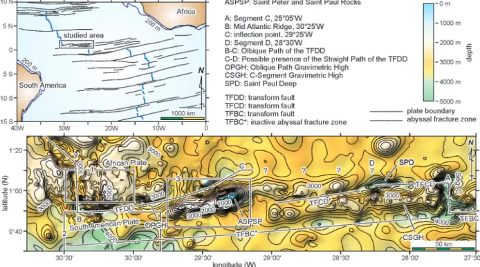 Figure 1 - Topographic map of the studied area based on the satellite-derived bathymetry of Global Topography ver