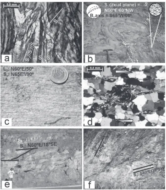Figure 4 - Structural features of the Rio Preto fold belt. a) Photomicrography showing the microscopic relationships between the  three deformational foliations, in fold hinge zones of a Canabravinha Formation phyllite, Southern Compartment; b) tight fold 