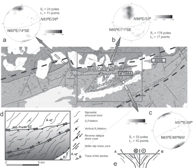 Figure 6 - Isoareal stereograms for structures in a) Rio Preto Shear Zone; b) central portion of the Central  Compartment; c) Malhadinha Shear Zone