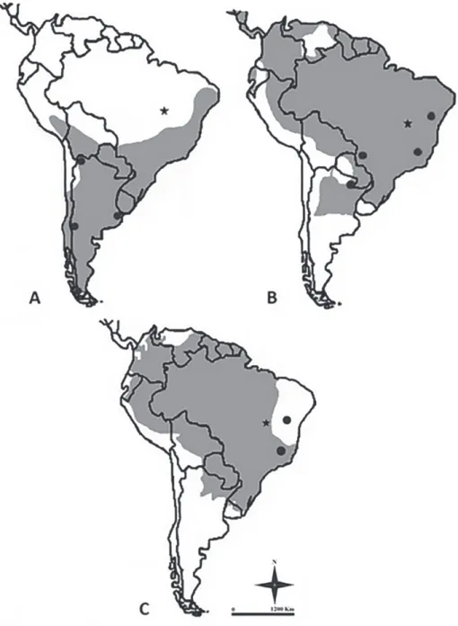 Figure 4  - Maps with current distribution in South America (in grey; adapted from Wilson and  Mittermeier 2009) and fossil record in South America (black dots): A - G