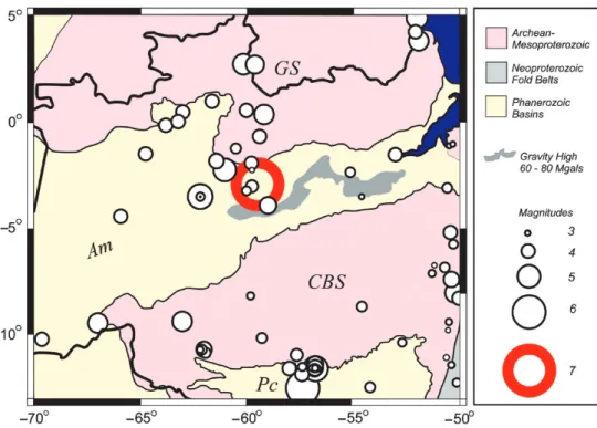 Fig. 2 - Seismicity, geology and gravity anomalies of part of the Amazon region. Epicenters (white  circles, from the Brazilian Catalog) have magnitude ≥ 3.0