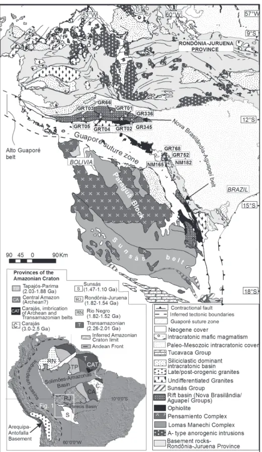 Figure 1 - Simplified map of the southwestern Amazonian craton showing the approximate boundaries of the main Provinces,  belts, tectonic elements, lithologic units, and location of dated samples.
