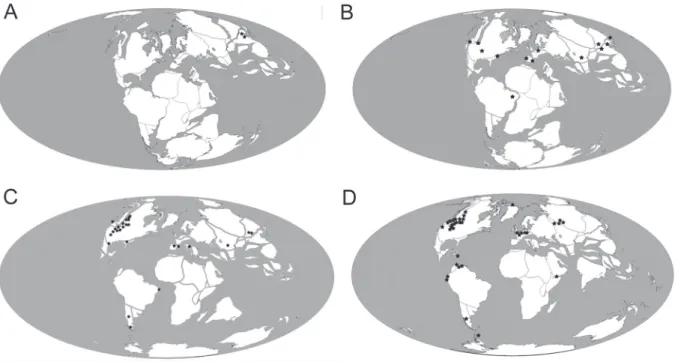 Figure 4  - Distribution map of angiosperms during Mesozoic and Cenozoic:  A. First records at the Upper Jurassic