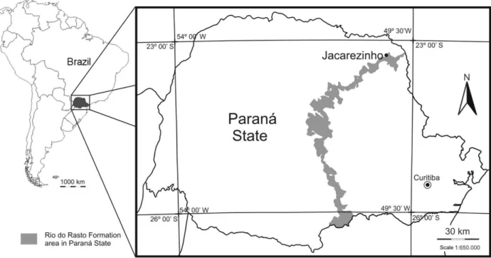 Figure 1 - Distribution of the Rio do Rasto Formation in the State of Paraná with the location of the collecting site in the  municipality of Jacarezinho (modified from Mineropar, 2006).