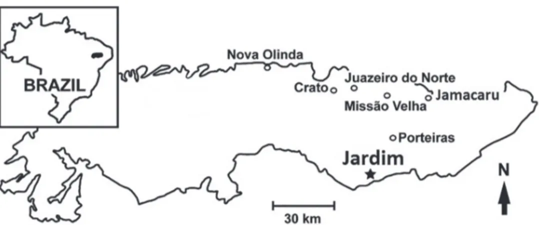 Figure 1 - Geographic position of the sampling site in the town of Jardim, Araripe Basin, south of the  state of Ceará, northeast Brazil.