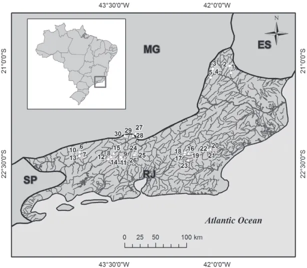 Figure 1  - Map of the state of Rio de Janeiro, showing the sampled fishponds. Circles = fee-fishing systems; triangles =  fish-farming systems