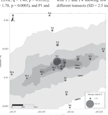 Figure 2 - Copepod density spatial variation in the Archipelago of Saint Peter  and Saint Paul, Brazil.