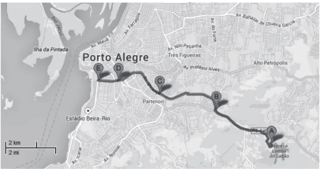 Figure 1 - Map of the study areas and sampling sites into Dilúvio stream in Porto Alegre, RS, Brazil: Site A: 