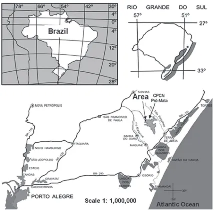 Fig. 1 - Territory of the Centre for Research and Conservation of Nature (Pró- (Pró-Mata), RS, Brazil, where the study was carried out (Adapted from Bertolleti  and Texeira 1995).