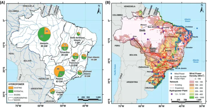 Figure 1 - (A) Current and potential hydropower plants by river basin. (Data source: EIA World Energy Outlook, 2013); (B) Map  showing the annual wind potential in Brazil