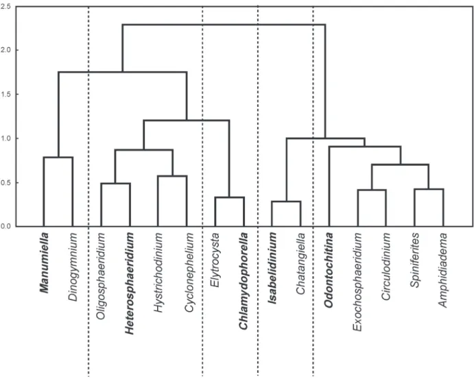 Figure 5  - Dendrogram (r-mode) of 15 dinocysts genera from the studied section showing the five assemblages