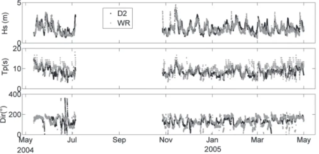 Figure 2 - D2 (black) and WR (gray) time series from JAN/05 to APR/2005. D1 is very similar  to D2, and so it is not represented.