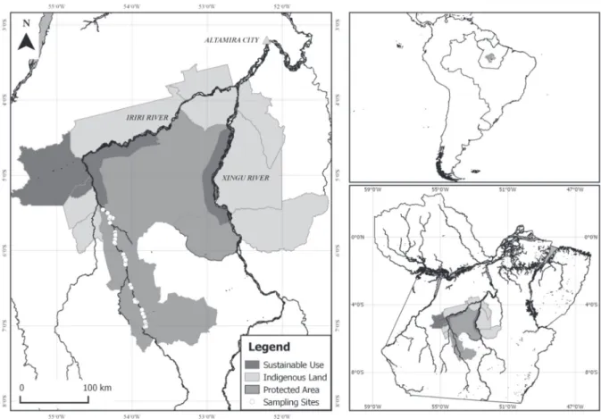 Figure  1  - Study area, Terra do Meio Ecological Station, Pará, Brazil. Circles indicate sampling sites along the Iriri River  from August 2012 to October 2013.