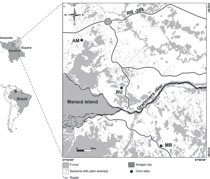 Figure 1- Map showing the study sites in the savanna-forest mosaic in state of Roraima, northern Brazilian Amazon region: 