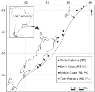 Figure 1 - Location of the 16 sampling sites and classification  into four climatically defined subregions in the South Brazilian  coastal plain.
