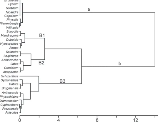 Figure 1 - Dendrogram generated by Cluster Analysis (Ward’s method) of 29 species in relation to  tropane alkaloids and calistegines, indicating the formation of two cluster (a and b) (P (G°≤G*)  = 0.05  – bootstrap probability estimated by 10.000 replicat