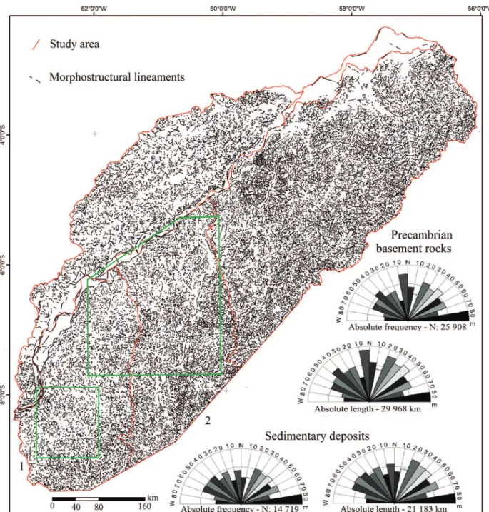 Figure 9 - Morphostructural lineaments from the study areas (indicated by the polygons) and its surroundings