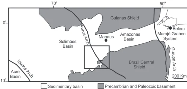 Figure 2 -  Limits of the Amazonas and Solimões Basins, where the study area (inside box) is located (modified  from Caputo and Silva 1990).