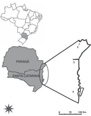 Figure 1 - 1- Map of the study area with the collection  localities of the new species: 1- Serra do Ibitiraquire; 2- Serra  da Graciosa; 3- Serra do Quiriri; 4- Serra do Tabuleiro.
