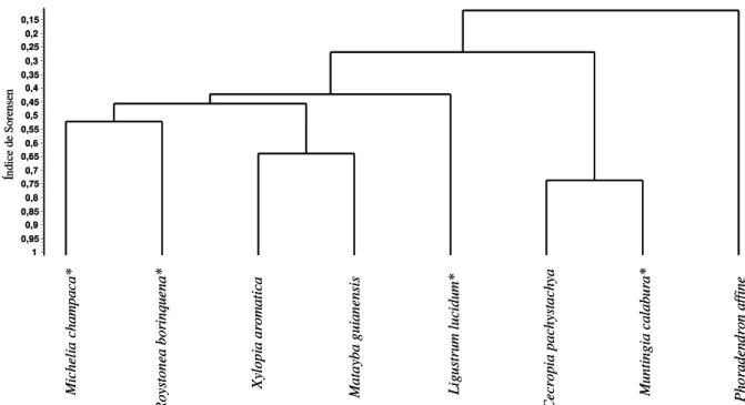 Figura 2. Dendrograma de similaridade de Sorensen da avifauna consumidora de  frutos de diferentes espécies  vegetais na área urbana de Uberlândia