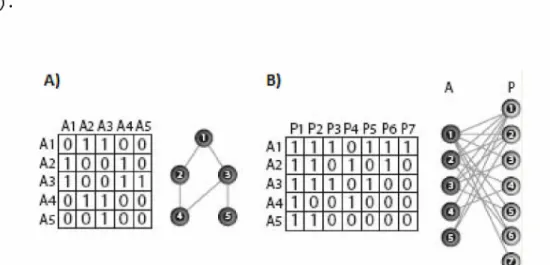 Figura  2.  A)  Matriz  de  adjacência  e  grafo  representando  uma  rede  de  interações  unipartida