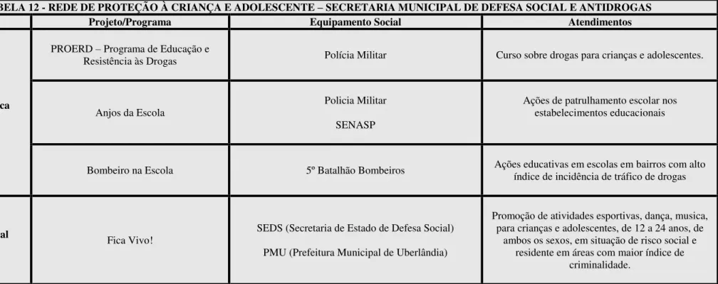 TABELA 12 - REDE DE PROTEÇÃO À CRIANÇA E ADOLESCENTE  –  SECRETARIA MUNICIPAL DE DEFESA SOCIAL E ANTIDROGAS 
