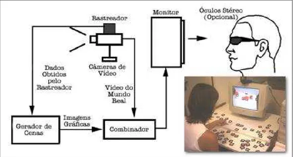 Figura 2.4: Diagrama adaptado e dispositivo do sistema de visão por vídeo baseado em monitor (ZORZAL, 2009).