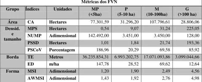 Tabela 1- Índices das métricas em Ecologia de paisagens calculados para os fragmentos  de vegetação nativa na Bacia Hidrográfica do Rio Araguari em Minas Gerais