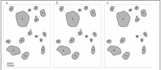 Figura 2 - Funcionalidade dos patches conforme varia a distância de locomoção para espécies  distintas