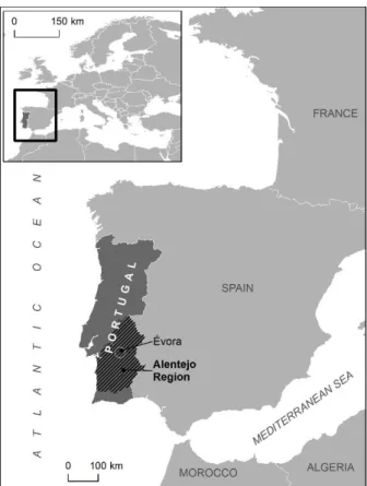Figure 1. Location of the Institute of Mediterranean Agricultural and Environmental Sciences (ICAAM) of the University of Évora, Portugal.