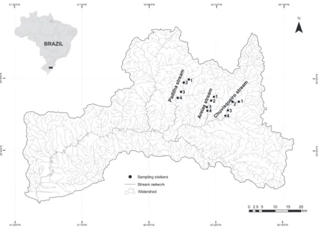 Figure 1 - Sinos River  watershed delimitation and sampled streams.