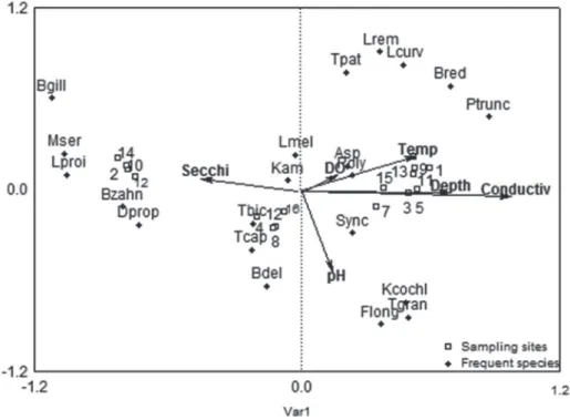Figure 6 - CCA Ordination Diagram displaying physical and chemical variables (arrows), sampling  sites (□) and frequent species occurrence (◊)