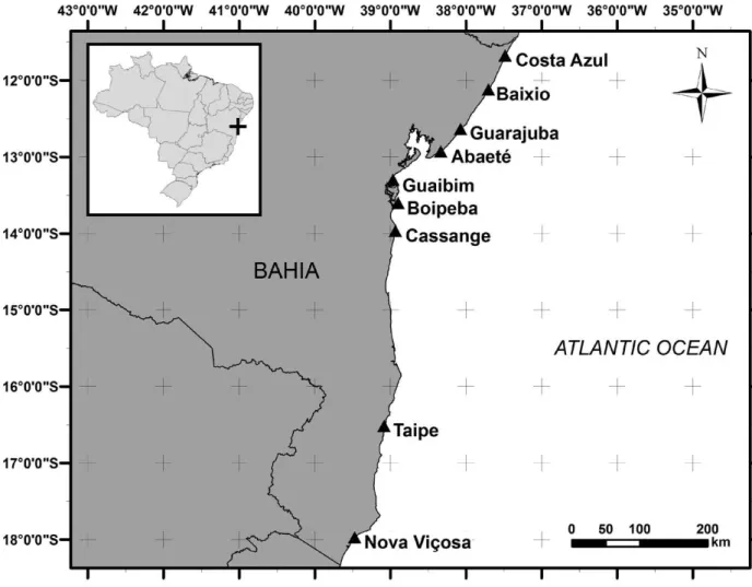 Fig. 1 - Sampled localities of nine restinga ecosystems along in the coast of the State of Bahia, northeastern Brazil.