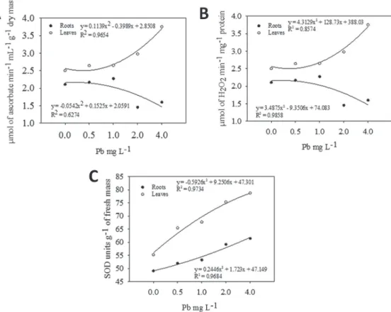 Figure  4  - Antioxidant  enzyme  activities  of  Eichhornia crassipes grown in nutrient solutions containing  different  lead  concentrations