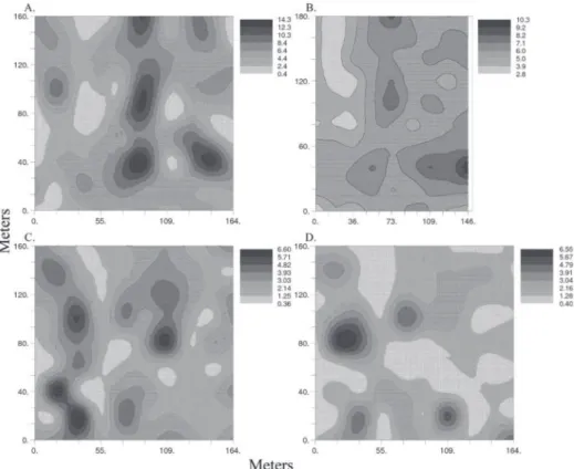 Figure 5 - Maps of the spatial distribution for the variable K (%) of soil at 0-0.2 and 0.2-0.4 m in  the three soils of crop years 2010 and 2011.
