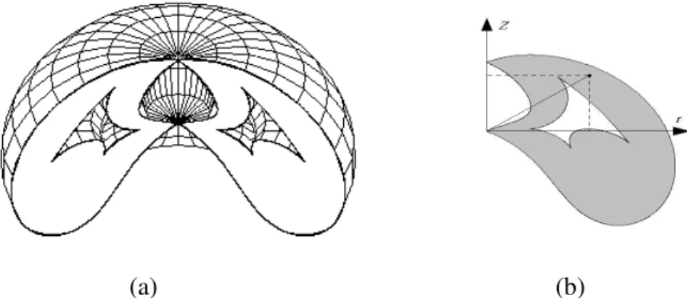 Figura 2.4 - Família de curvas que descrevem a seção radial do espaço de trabalho para dois  tipos diferentes de manipuladores 3R ortogonais 