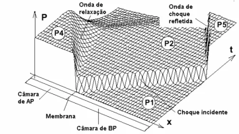 Figura 2.11  Tubo à choque: pressão em função da posição e do tempo. (Damion,  1993). 