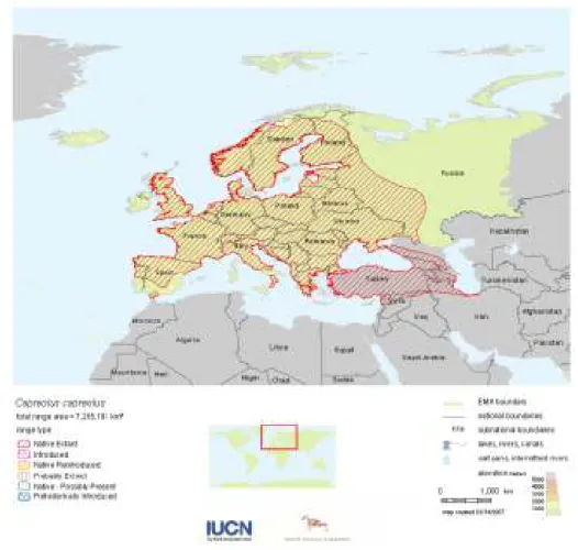 Figura 3: Distribuição do corço na Europa (IUCN 2007). 