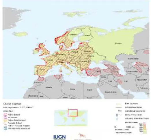 Figura 5: Distribuição do veado na Europa (IUCN 2007). 