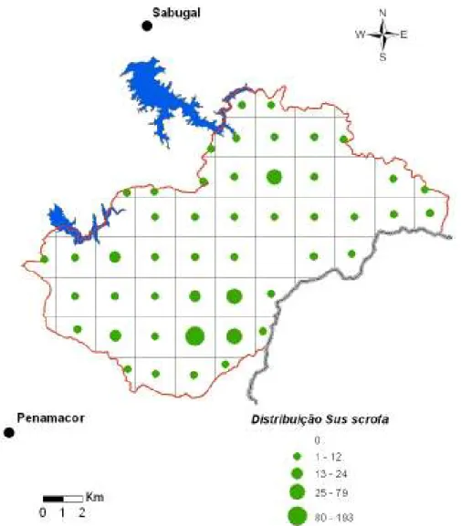 Figura 11: Representação geográfica da quantidade de excrementos de javali  encontrados