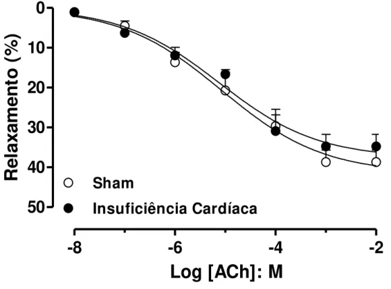 Figura 2: Curvas concentração - efeito à ACh (10 nM – 1 mM) em corpo cavernoso de  ratos  controle  (SHAM)  e  ratos  com  insuficiência  cardíaca  (IC)
