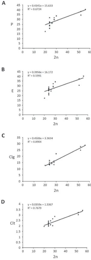 Fig.  4  - Relationship between chromosome number (2n) with: (A)  polar axis diameter, (B) equatorial diameter, (C) colpus length and  (D) colpus width.